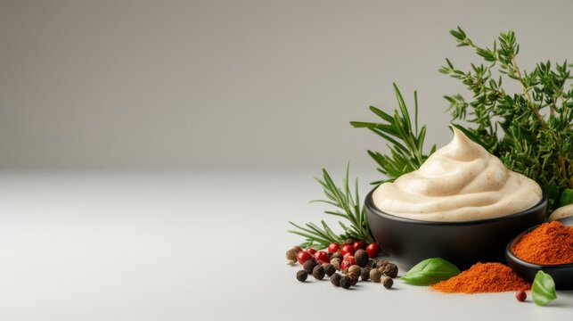 An artistic arrangement features mayonnaise in a chic bowl, surrounded by vibrant spices and fresh herbs, embodying the beauty and creativity of modern culinary presentation.