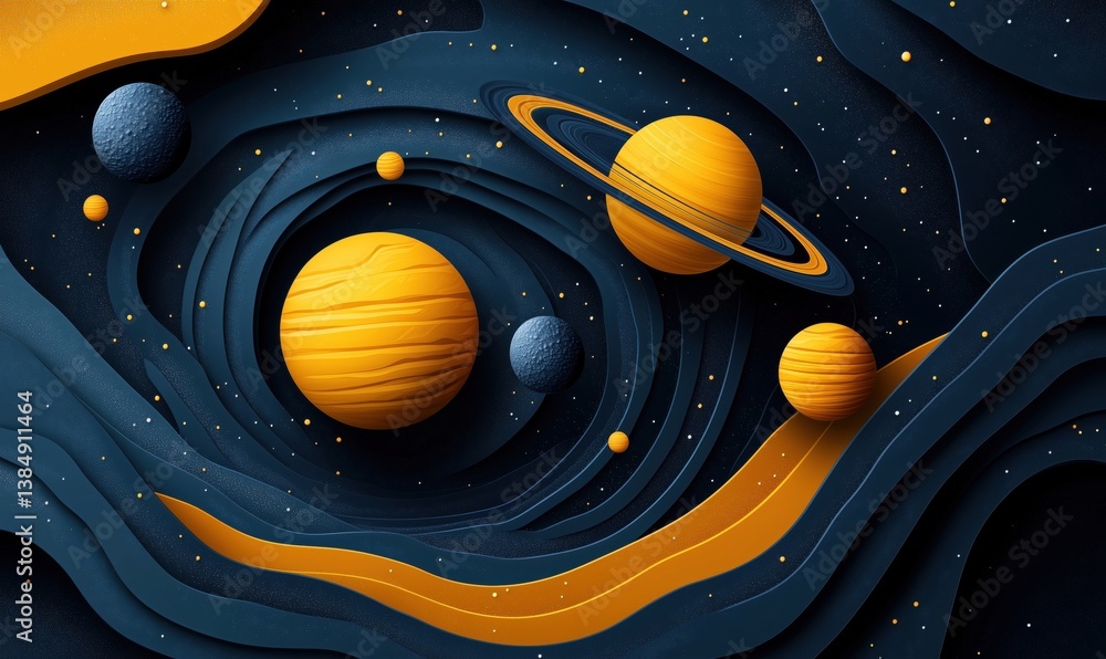 Poster colorful abstract representation of planets in space with saturn and swirling patterns