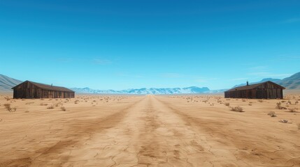 A barren landscape with two wooden buildings flanking a long, cracked road under a clear blue sky and distant mountains.
