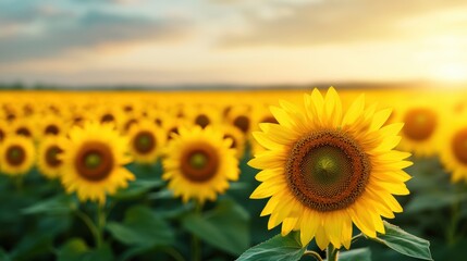 Fototapeta premium A vibrant field of sunflowers stretches towards the horizon, basking in warm sunlight, creating a serene and cheerful atmosphere.