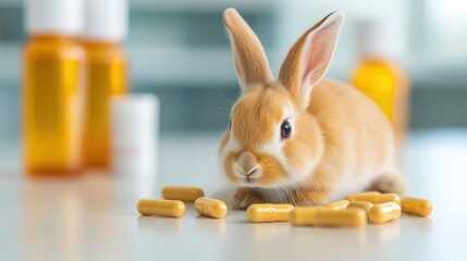 Curious rabbit encounters pills on table, a cautionary tale of pet safety and medicine hazards