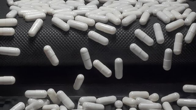 Many white pills or drugs falling from conveyer belt. Pharmacy and pill production concept.