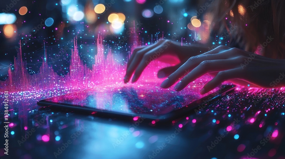 Poster futuristic digital interface with a person interacting with a tablet device
