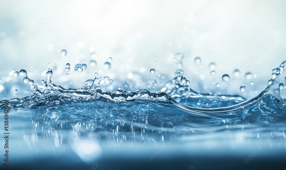 Poster close-up of water splashes creating dynamic patterns in clear blue liquid