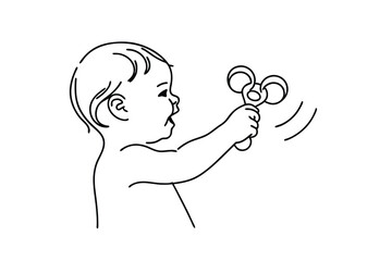 Baby playing with rattle, infant development, childhood toy, line art, simple design, black and whit