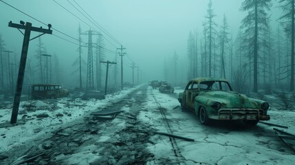 A desolate road lined with abandoned, rusty cars and power lines, shrouded in a misty green...