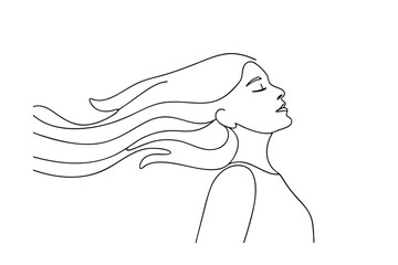 Serene Woman, Line Art, Windblown Hair, Peaceful Expression, Minimalist Drawing, Elegant Simplicity,