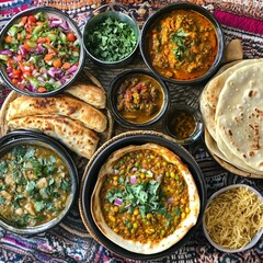 A Delicious Indian cuisine featuring variety of dishes including curries, flatbreads, and salads, beautifully arranged on colorful tablecloth