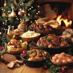 Obraz premium A festive holiday feast featuring roasted turkey, side dishes, and baked goods, all beautifully arranged by cozy fireplace with Christmas decorations