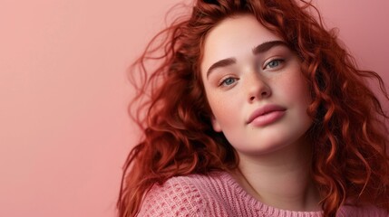 Close-up of a beautiful woman with curly red hair looking directly at the camera