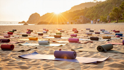 Yoga mats arranged on beach at sunset, mindful group session