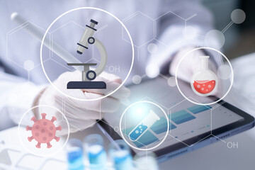Obraz premium Laboratory scientist record research experiment results science technology chemistry health care education medicine microscope virus bacteria dna flask
