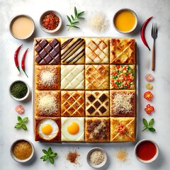 Top View of Indonesian Martabak with Sweet and Savory Toppings – Popular Street Food Variations, Delicious Modern Martabak with Chocolate, Cheese, Egg, and Spices – Flatlay Food Photography