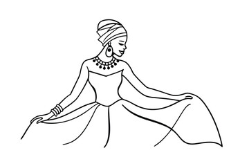 Elegant African Woman in Headwrap, Dress, and Jewelry