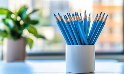 Blue colored pencils in white cup on desk with blurred background of plant and window
