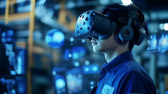 An AI driven virtual reality system enabling immersive job training in hazardous environments for safety professionals, Safety technology style, photo of