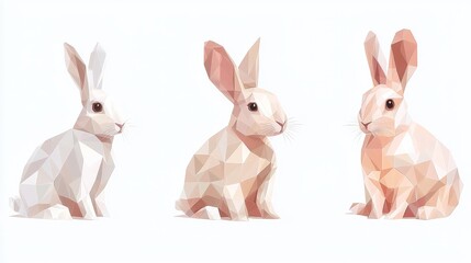 Fototapeta premium a set of low-poly 3D bunnys in pastel colors