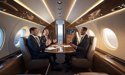 Business meeting in a luxury private jet, discussing strategies with a scenic view outside - Powered by Adobe