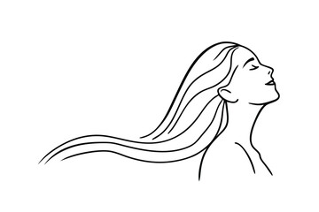 Elegant Woman Long Hair Flowing Wind Minimalist Line Art Drawing