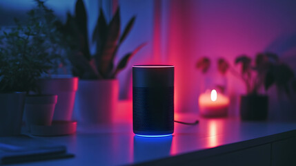 An AI driven voice controlled music recommendation system curating playlists based on user moods and preferences, Music technology style, photo of