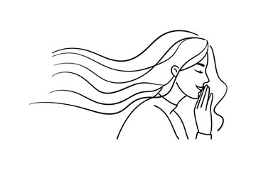 Serene Woman, Long Hair, Windswept, Peaceful, Calm, Minimalist Line Art Drawing, Elegant, Graceful, 