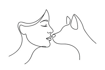Woman and Cat Line Art Drawing, Gentle Kiss, Pet Love