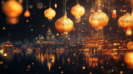 Chinese lanterns cityscape night, festive ambiance
