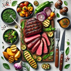 Juicy Grilled Picanha Steak Flatlay with Vegetables, Chimichurri, and Herbs – Traditional Brazilian Barbecue Cut Perfect for BBQ Menu, Restaurant Promotion, or Food Blog Photography