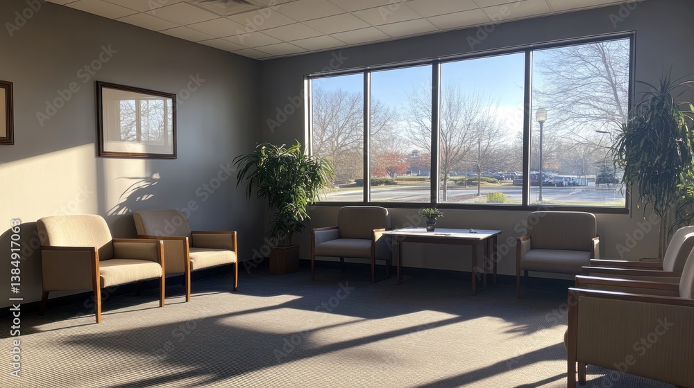 Poster office waiting area with large windows. sunlight streams in. possible use business, office, or waiti