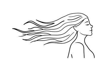 Woman's Profile, Long Hair Blowing in Wind, Elegant Line Art