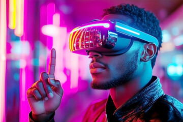 Man experiencing virtual reality with neon lights