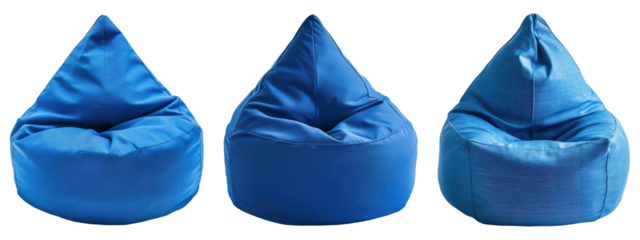 Set of blue bean bag chairs in different fabric textures, isolated on transparent background