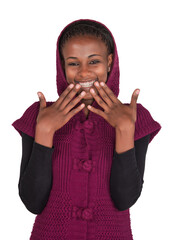 Young African Woman, laughing , braids hairstyle ,palms fingers on the mouth face, with a mauve hoodie jersey knitted, on white background