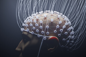 Neuroscience and brain research concept. Young man has cables and electrodes in his brain. 3D rendered illustration.