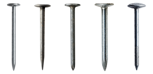 Set of metal nails in different sizes and textures, isolated on transparent background