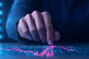 A hand is pointing at a computer screen with a blue background