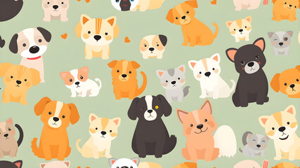 Pets cats and dogs seamless pattern. Cartoon Dogs and Cats. Vector Seamless Pattern. Colorful background for kids Generative AI