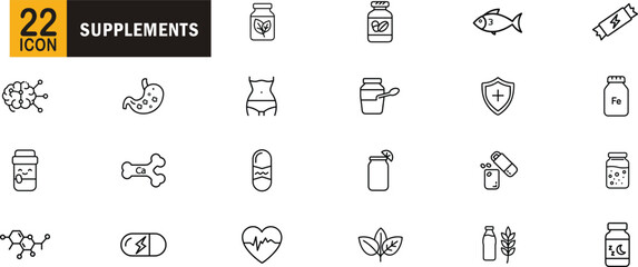 Supplements editable outline icon set. Vitamins, minerals, probiotics, wellness, energy, immunity, digestion and more