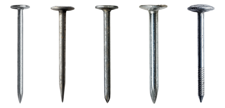 Set of metal nails in different sizes and textures, isolated on transparent background