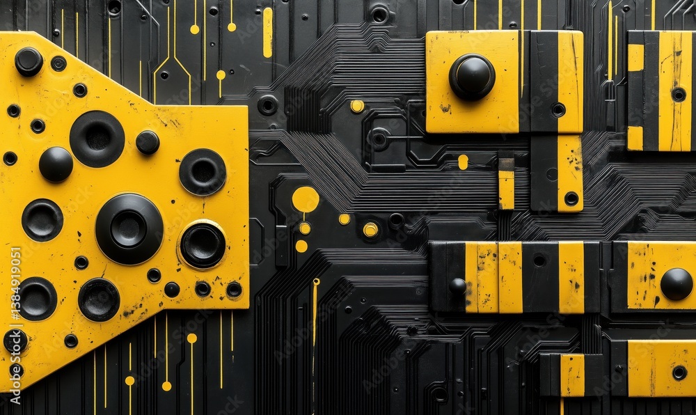 Aufkleber abstract black and yellow circuit board design with geometric shapes and textures