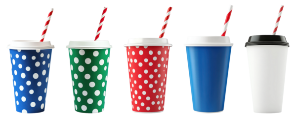 Set of colorful polka dot and solid takeaway cups with lids and striped straws, isolated on transparent background