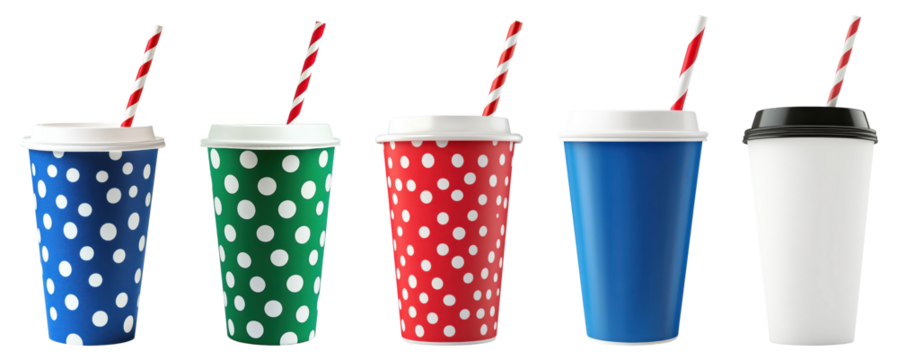Set of colorful polka dot and solid takeaway cups with lids and striped straws, isolated on transparent background