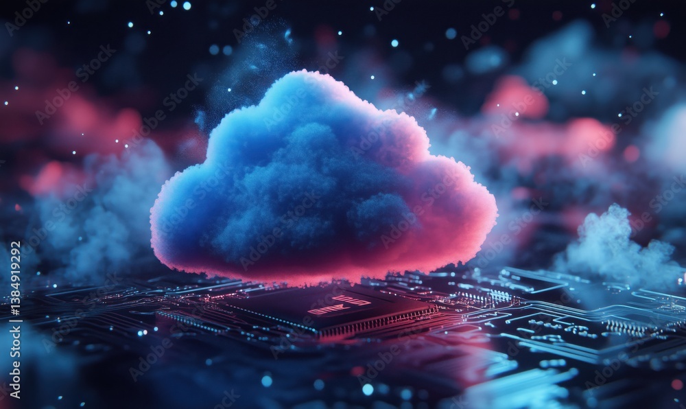 Poster cloud computing concept with colorful cloud over circuit board and microchip