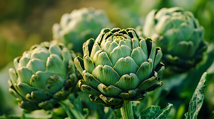 Fototapeta premium Artichokes are vibrant green vegetables, showcasing their unique layered structure and natural beauty in lush garden setting. fresh, healthy appearance evokes sense of vitality and nature bounty