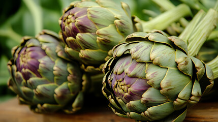 Artichokes are vibrant green and purple vegetables, showcasing their unique texture and shape. These fresh produce items are perfect for culinary dishes, adding flavor and nutrition