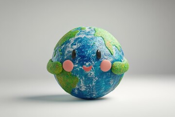 Fototapeta premium A cute cartoon Earth with a happy face, embracing itself, symbolizing environmental care and global unity.