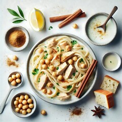  Traditional Algerian Rechta, a Delicious Chicken and Chickpea Pasta Soup served with Cinnamon, Lemon, and Herbs in a Creamy Broth with Homemade Bread, a Healthy and Flavorful Dish.
