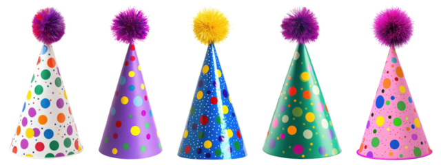 Set of colorful polka dot party hats, isolated on transparent background