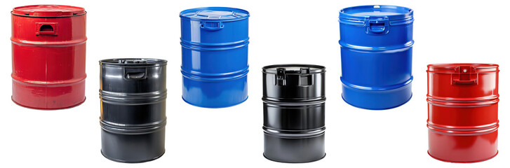 Set of industrial metal barrels in red, blue and black, isolated on transparent background