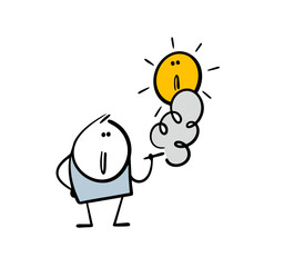  Stickman smokes outdoors, pollutes the air. Vector illustration clouds of smoke obscured the sun. Harmful to the environment and health. Isolated cartoon character on white background.